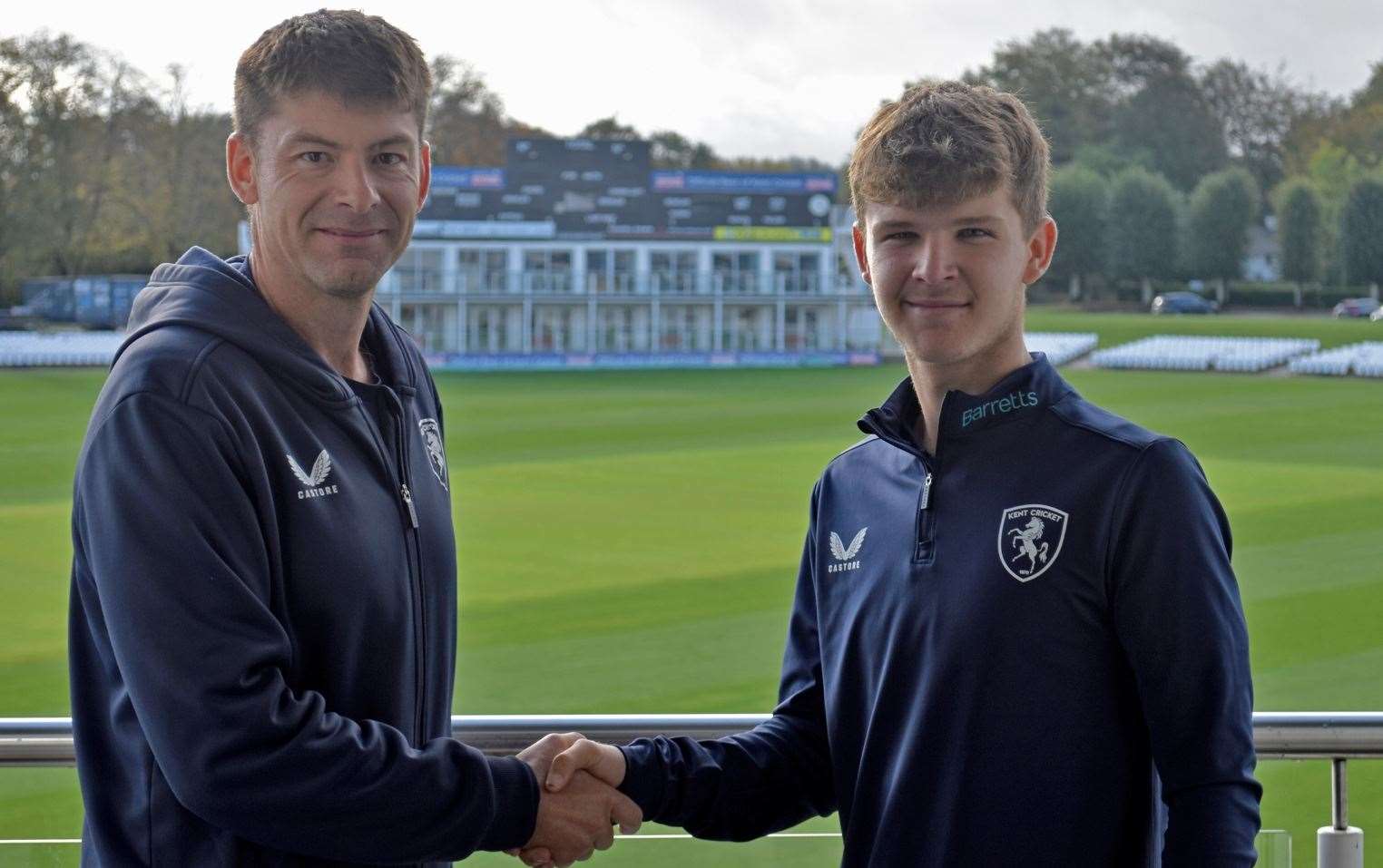 Kent director of cricket Simon Cook, left, with teenage all-rounder Jaydn Denly. Picture: Kent Cricket