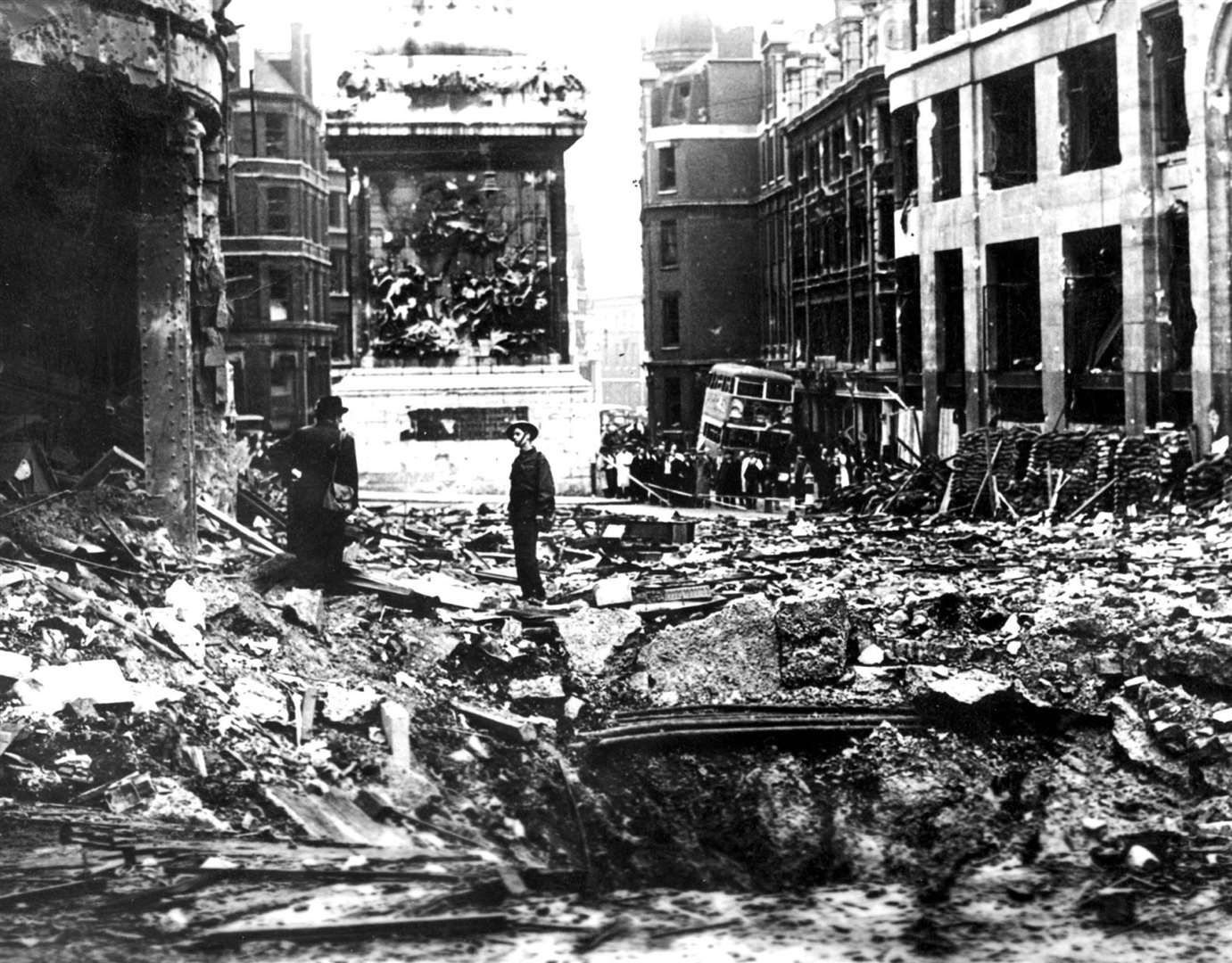 Bomb damage during the Blitz at the Monument to the Great Fire of London in the City of London (PA)