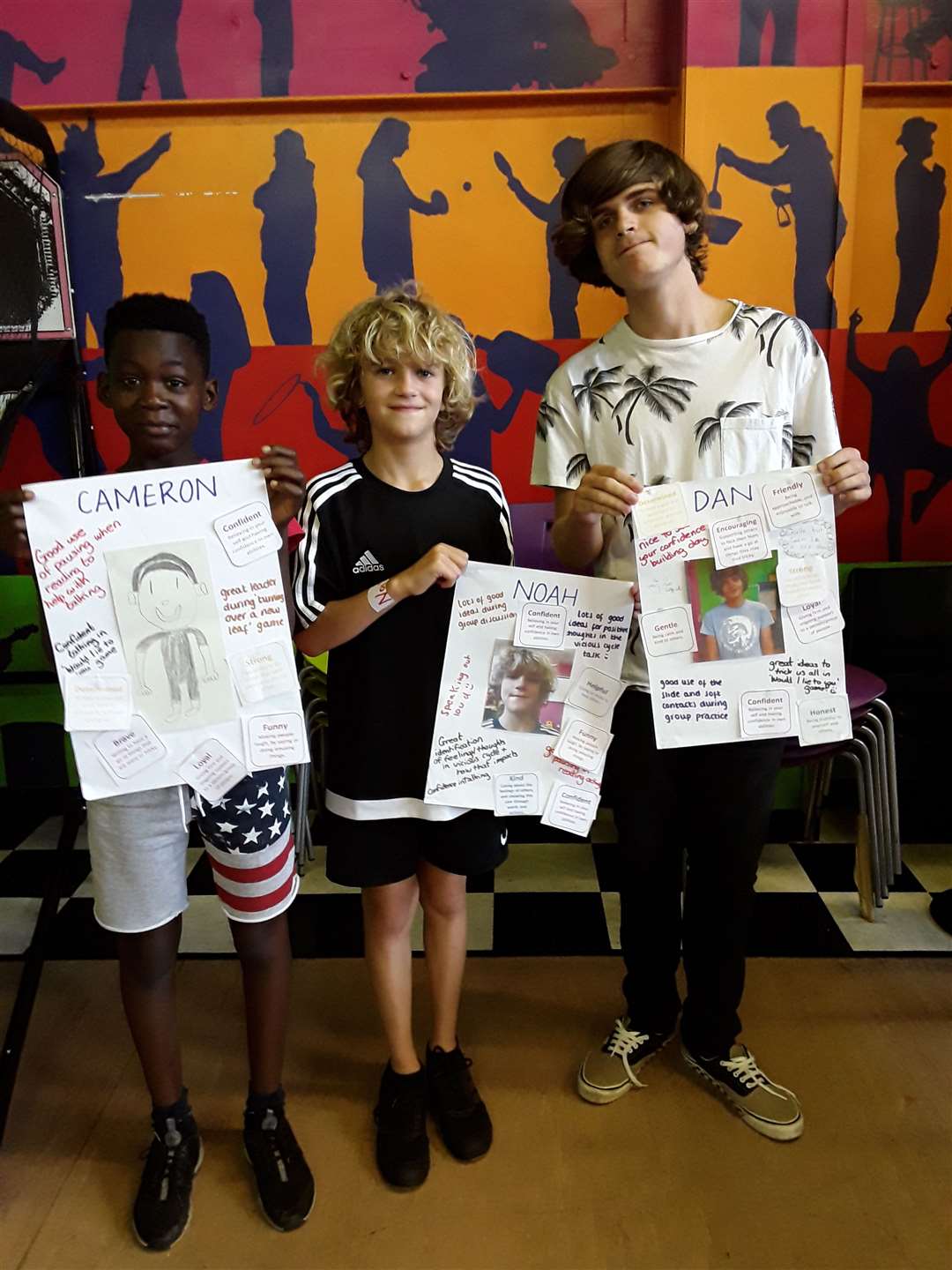 Cameron, 11, Noah, 10 and Dan, 17, with their positivity posters. (16130387)