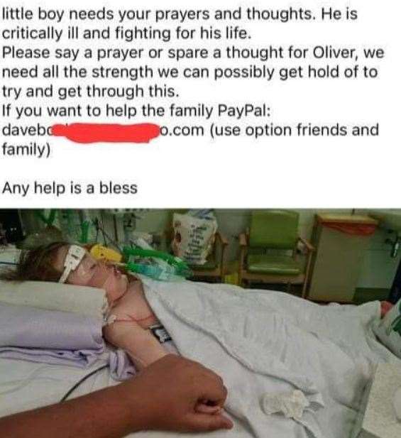 The scam post being shared online which has used a picture of Oliver Steeper who died in 2021 after choking at Jelly Beans Nursery in Ashford. Picture: Facebook
