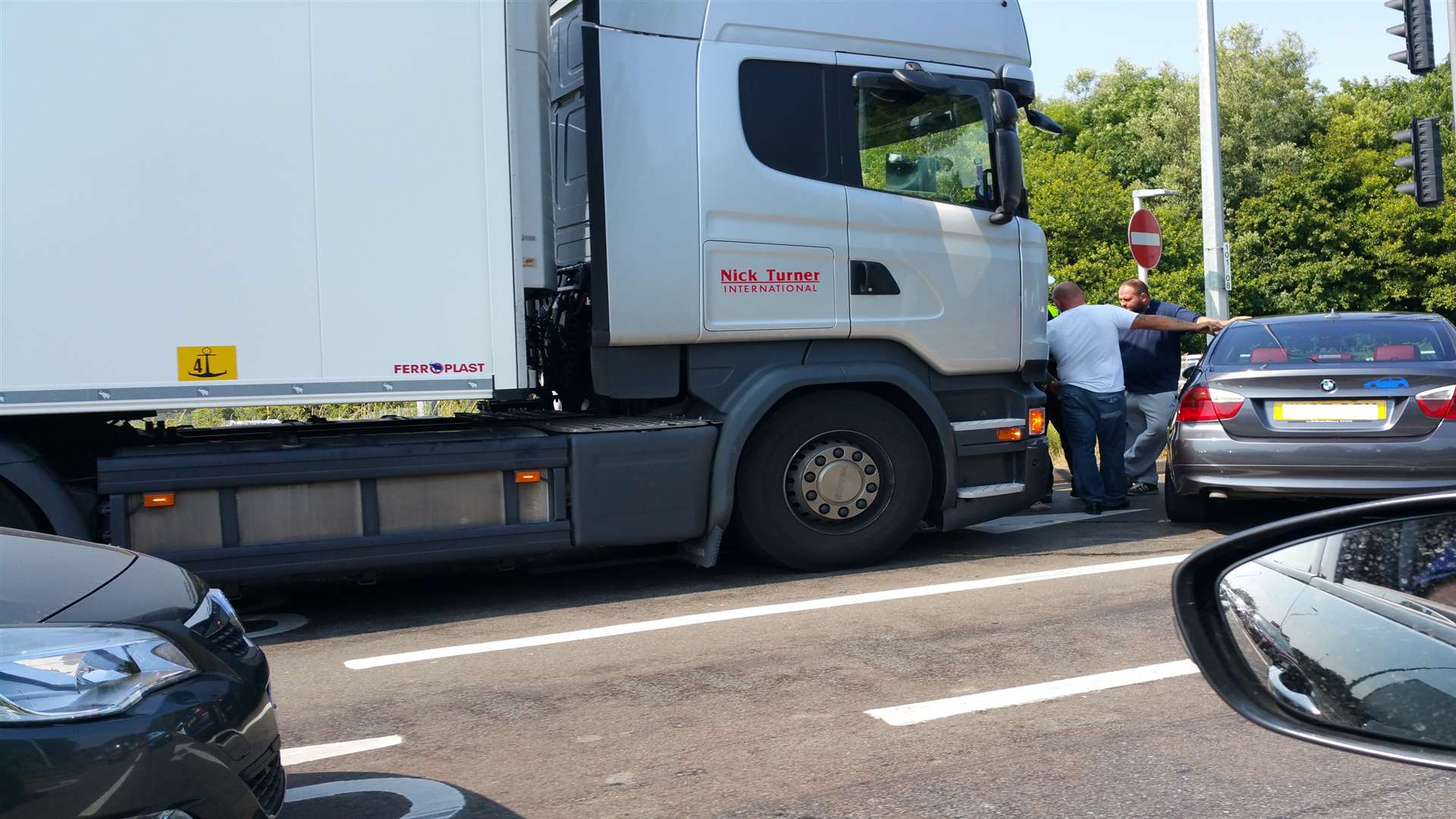 Details are exchanged in the crash involving a lorry and car