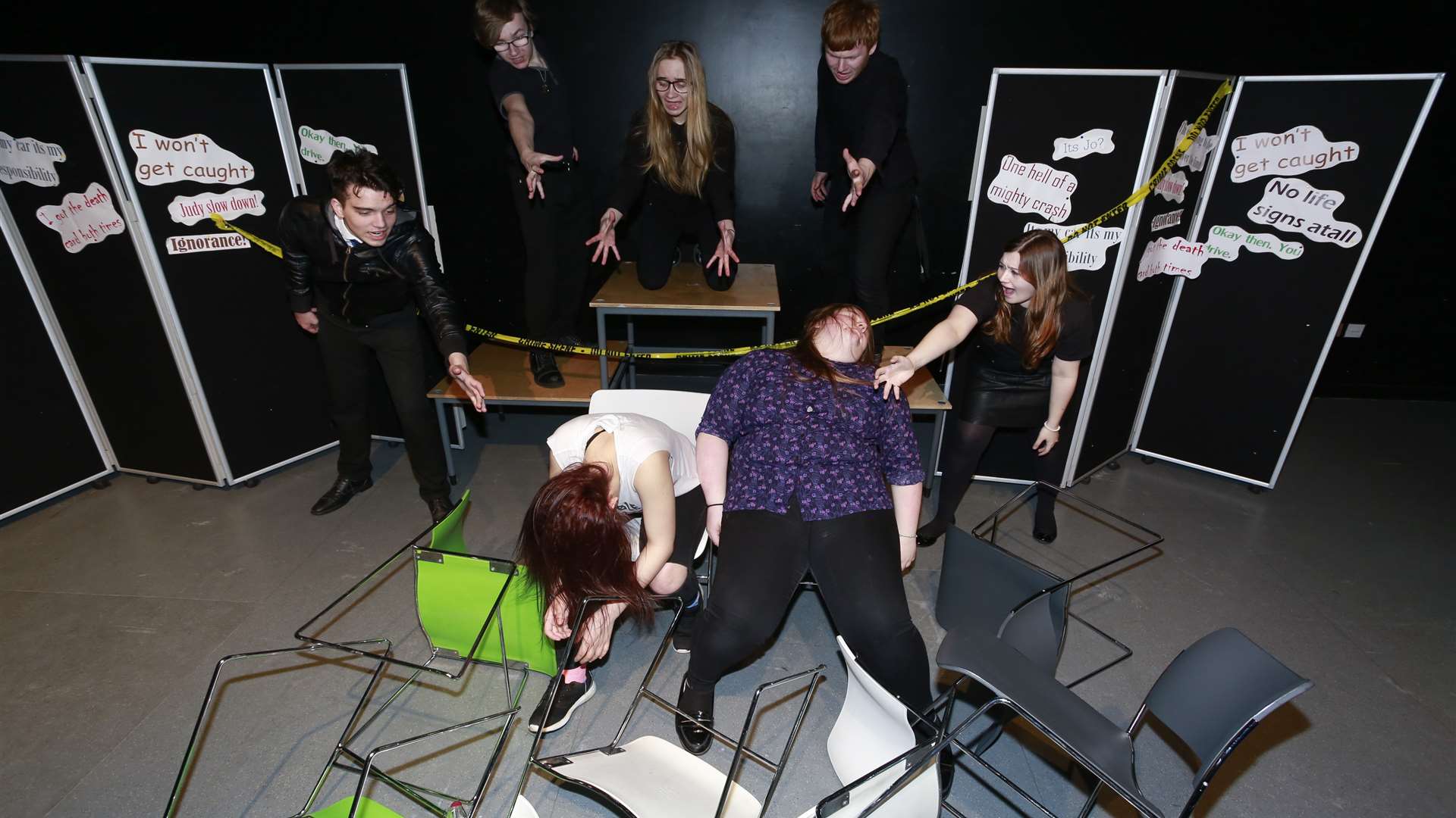 Year 12 students perform their piece about the dangers of drink driving