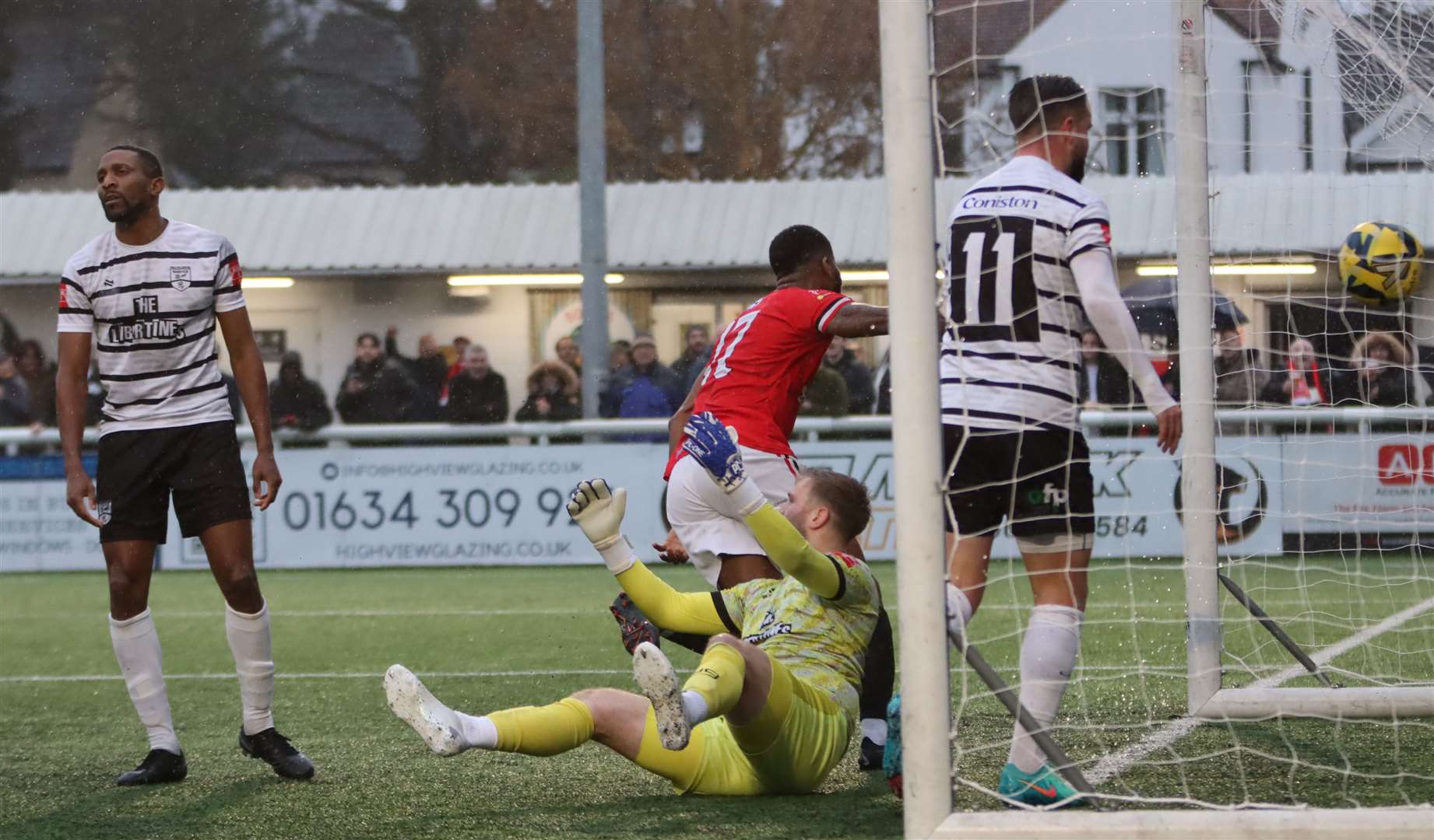Chatham striker Rowan Liburd gets the match-winning goal in their 2-1 Isthmian Premier derby win over Margate on Saturday. Picture: Max English (@max_ePhotos)