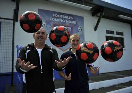 Neville Southall and Tom Hinkman with the Mars balls at Margate FC. Picture: Phil Houghton
