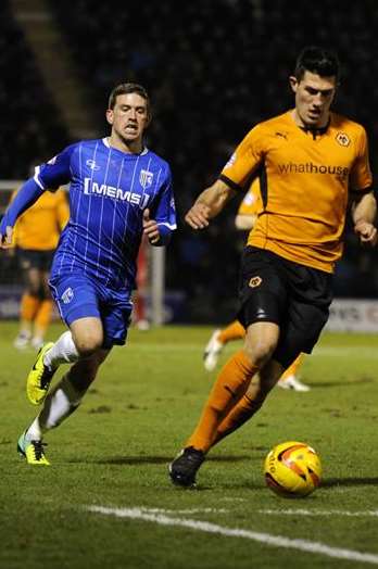 Cody McDonald chases down the ball against Wolves. Picture: Barry Goodwin