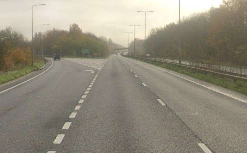 The eastbound exit slip-road off the A2 in Harbledown, Canterbury, was blocked following a two-car crash. Picture: Google Maps