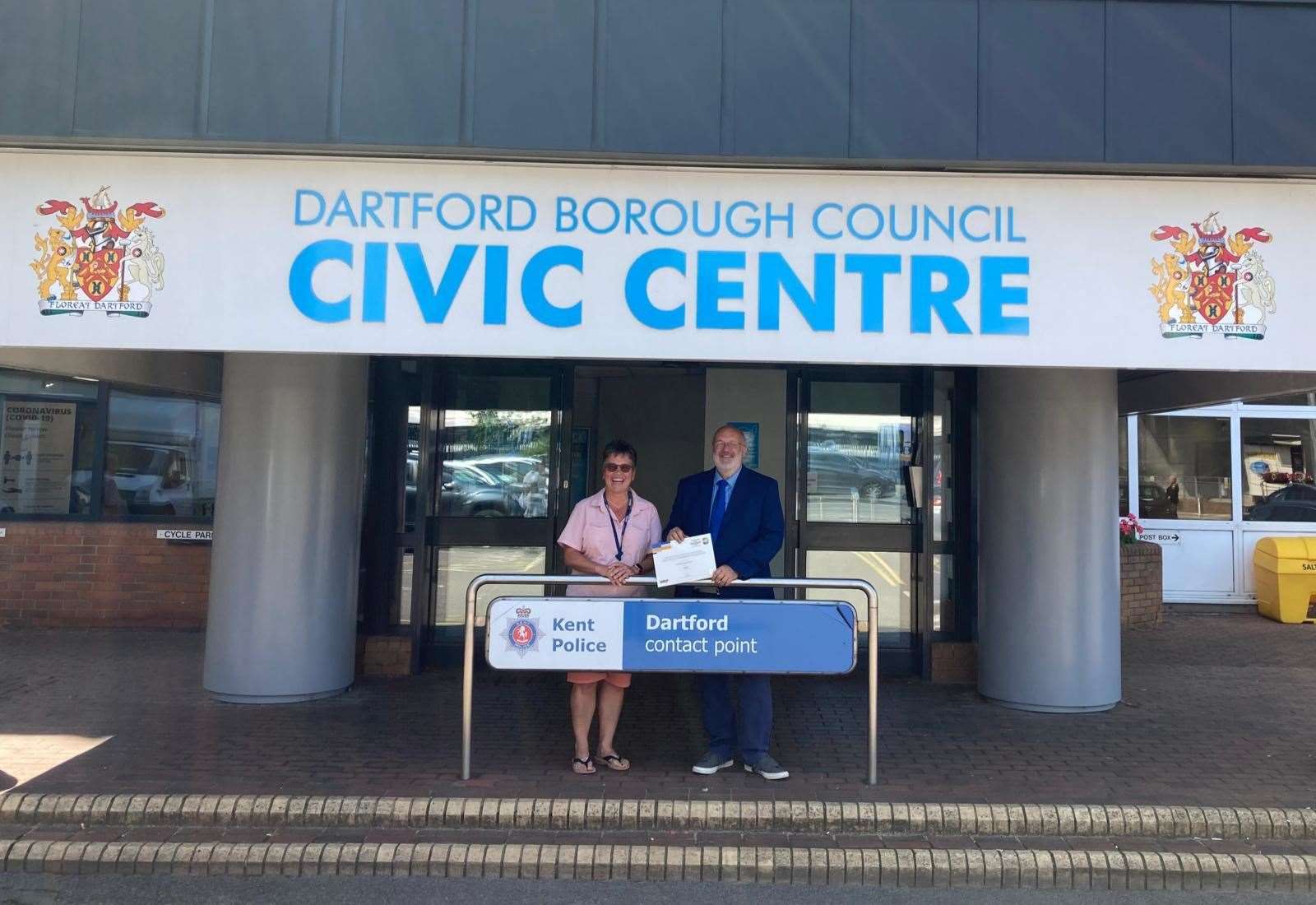 Dartford Town Against Crime (DTAC) intelligence manager Karen Radford and Dartford council leader Jeremy Kite celebrating success after being named among UK's best crime crackdown partnerships in the UK