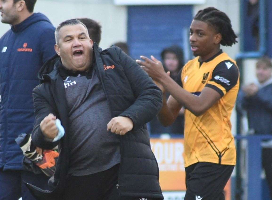 Hakan Hayrettin and Dominic Odusanya acknowledge fans after Maidstone's Boxing Day win at Tonbridge Picture: Steve Terrell