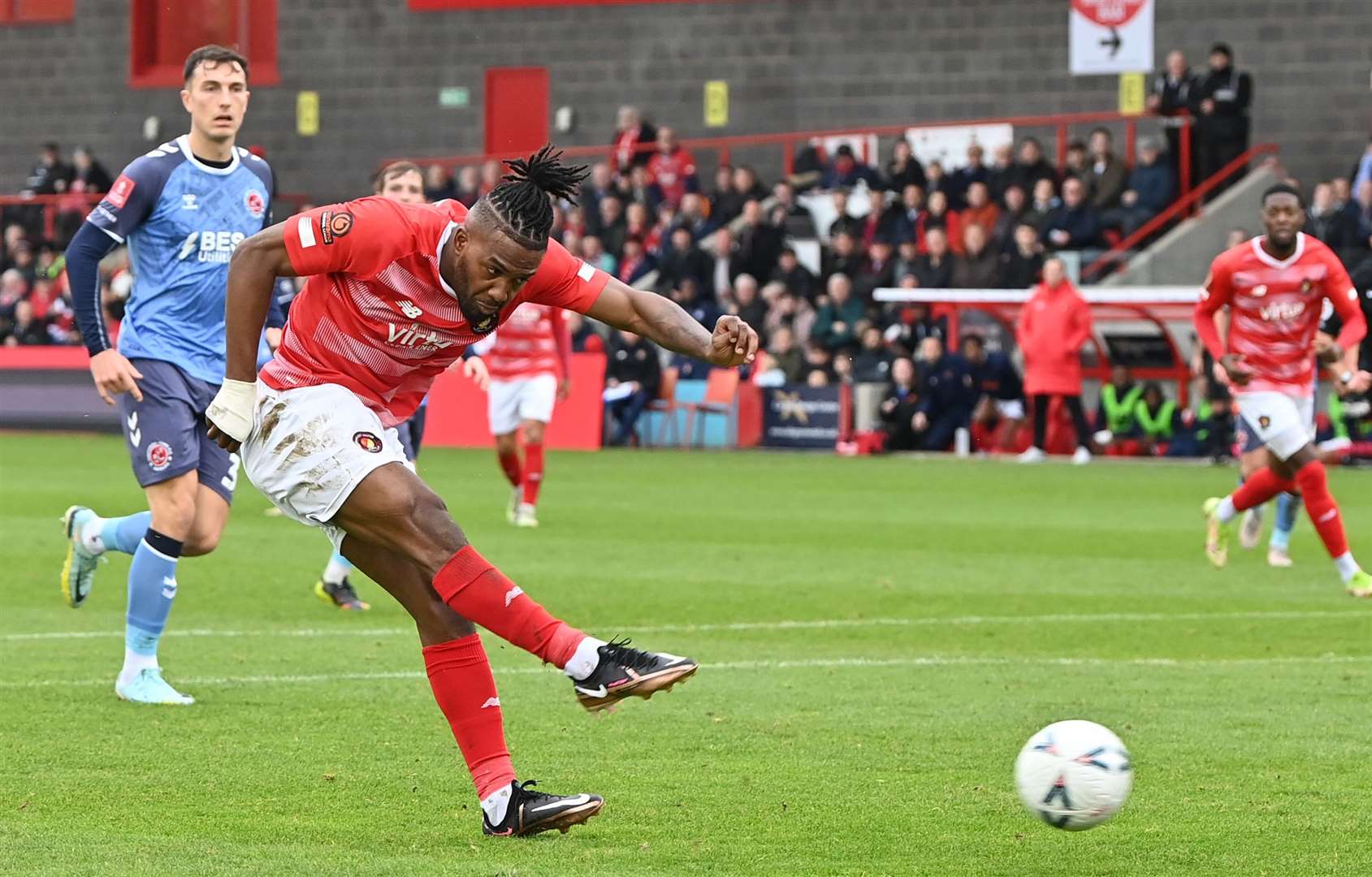 Dominic Poleon goes for goal during Ebbsfleet's FA Cup clash with Fleetwood Town last November. Picture: Keith Gillard