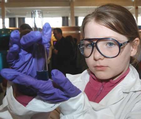Victoria Moseley checks her test tube in a forensic experiment. Picture: PAUL AMOS