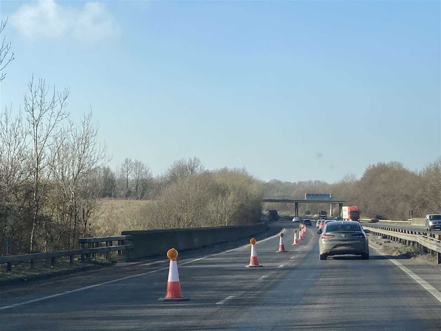 Inside lane of the London-bound carriageway of the M2 between Sittingbourne and Gillingham junctions coned off
