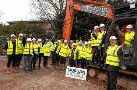 Contractors and guests with head boy Sam Downs, head girl Jayme Goodger, chairman of governors Rita Couzins and head Alan Brookes at the ground-breaking ceremony at Fulston Manor School, Sittingbourne