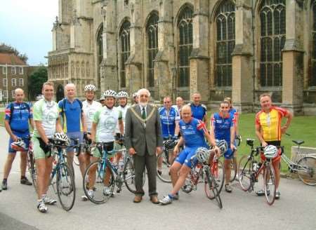 CAPTION Cyclists who rode part of Le Tour de France route are welcomed at the Cathedral by Lord Mayor Cllr Cyril Windsor