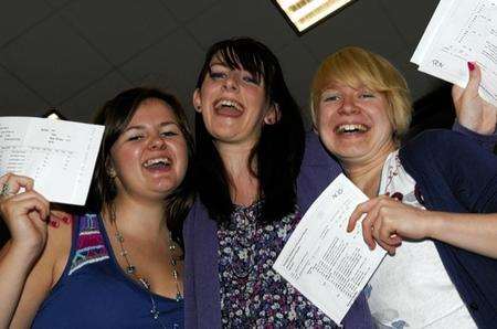 from left, Katie Williams (cor), Hannah Charlton (cor), Ellie Brittain (cor) from The Highworth School. Pupils recieve their A-Level results.