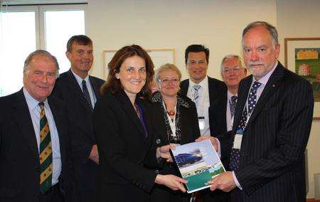KCC's Bryan Sweetland (right) presents Transport Minister Theresa Villiers with the Rail Action Plan for Kent. From left Thanet North MP Roger Gale, KCC Leader Paul Carter, Thanet South MP Laura Sandys, and Paul Crick and Stephen Gasche, both from KCC.