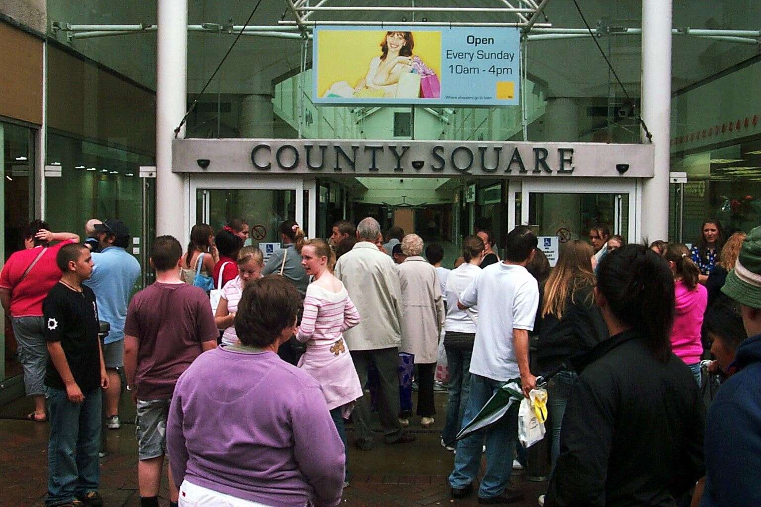 A crowd stands outside County Square after the site was evacuated in 2006