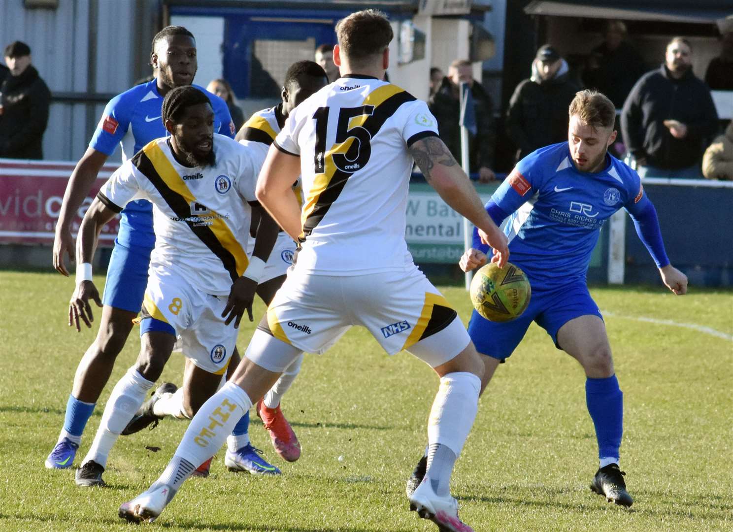 Action from the match between Herne Bay and Haywards Heath last month before the game was abandoned at half-time. Haywards Heath now have been awarded the points with Bay fined. Picture: Randolph File