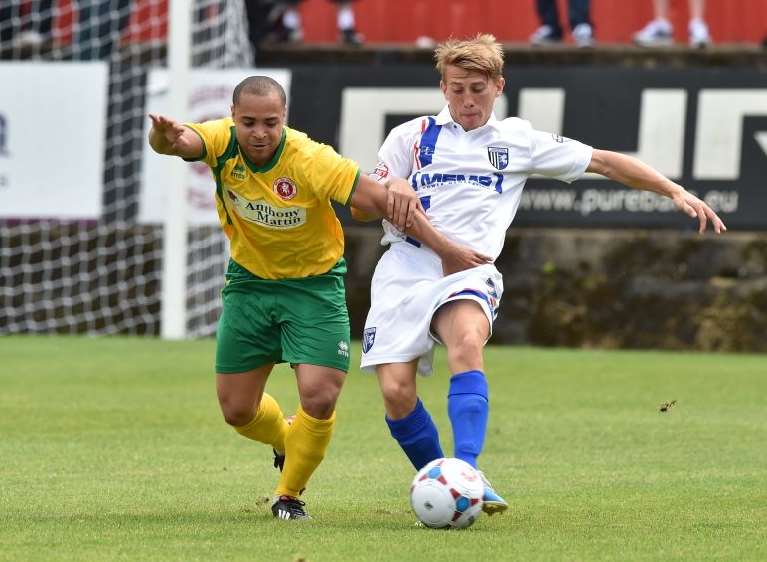 Gillingham trialist Josh Stanford in action against Welling Picture: Keith Gillard