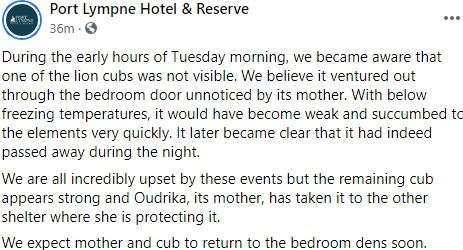 Port Lympne's statement. Picture: Facebook