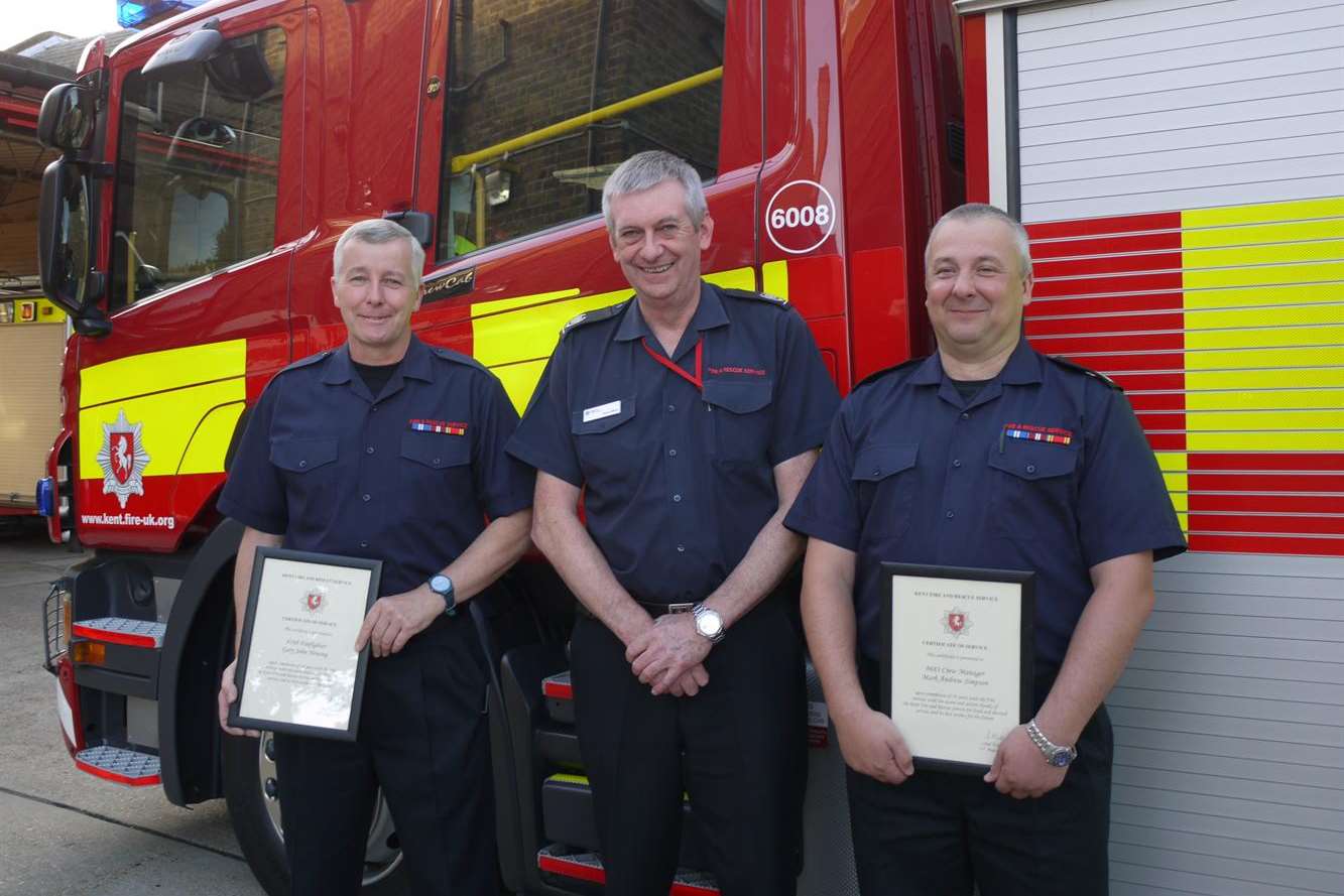 L-R Firefighter Gary Newing, area manager Steve Jeffery and crew manager Mark Simpson