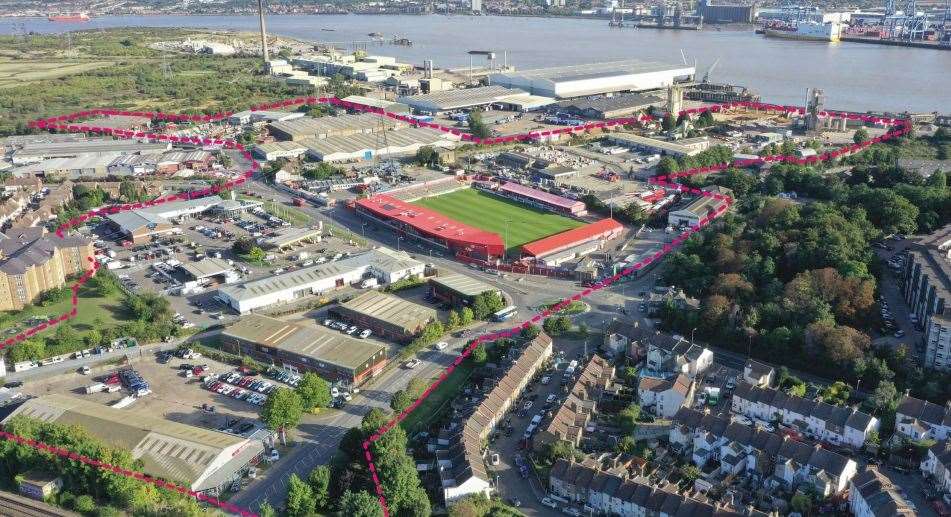 The current site with Ebbsfleet United’s stadium in the centre. Picture: Northfleet Harbourside / Gravesham Borough Council planning portal
