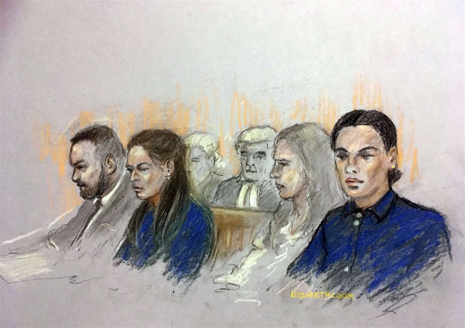 Court artist sketch by Elizabeth Cook of Coleen and Wayne Rooney (left) and Rebekah Vardy (right) sitting near to each other in the front row at court prior to Vardy giving evidence (Elizabeth Cook/PA)