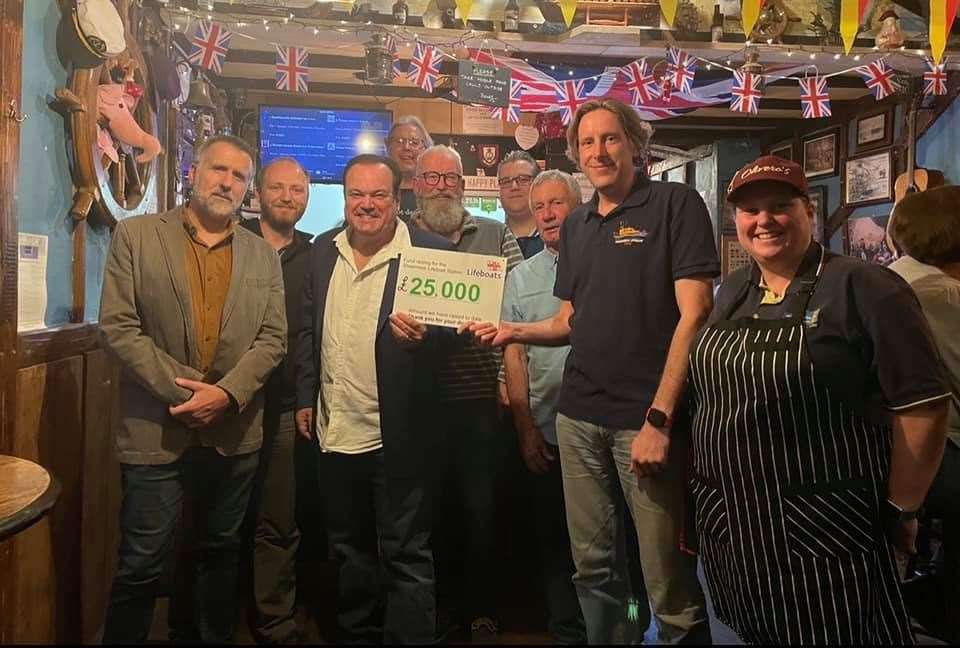 From the left: Steve Hunt, Harry Rush, Shaun Williamson, Paul Codrington, Chris Collier, Cllr Cameron Beart, Steve Dorsett, Dan St. John-Knight and Rachel Collier, who is also a Sheerness Lifeboat crew member, at The Admiral’s Arm