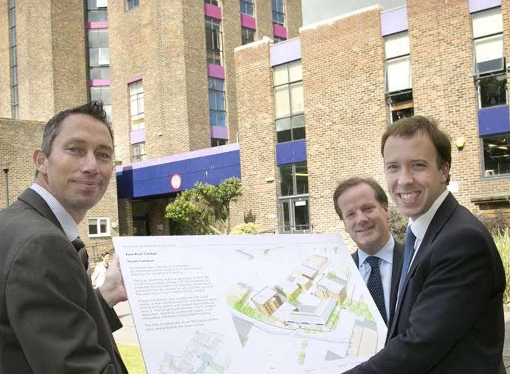 Graham Razey, Principal of East Kent College, unveils his vision for the Dover campus to Charlie Elphicke MP and Matthew Hancock, Minister for Skills and Enterprise.