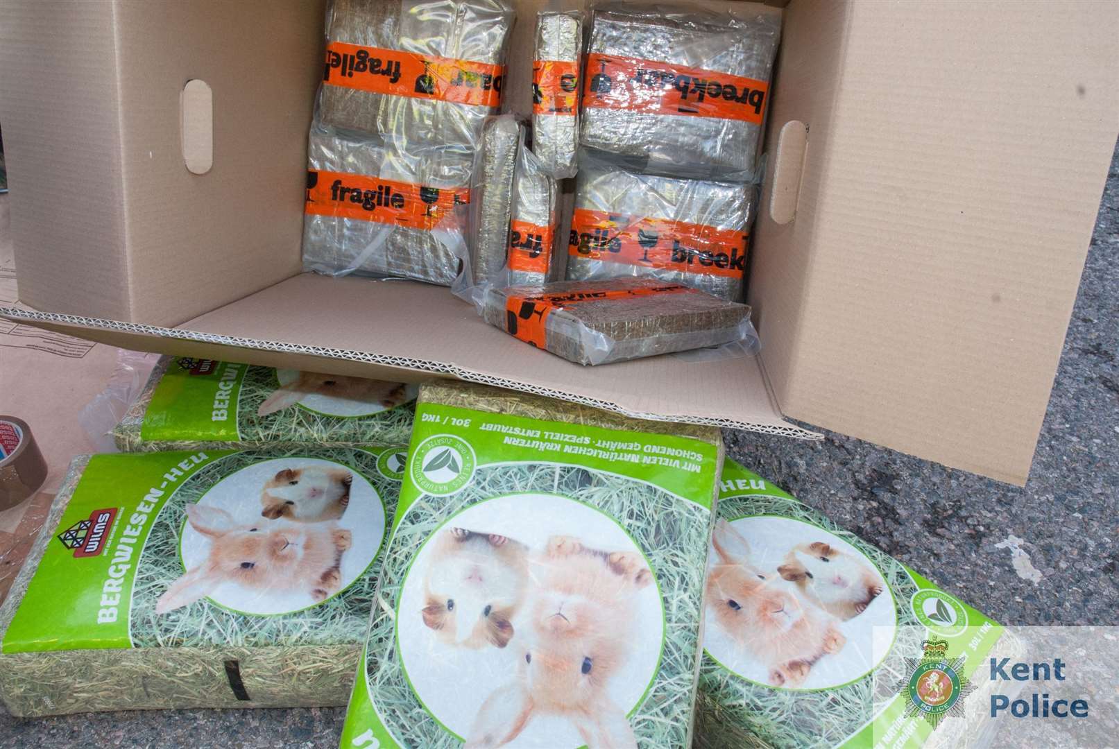 Seabrook and Owens hid cannabis behind packets of rabbit hay. Picture: Kent Police