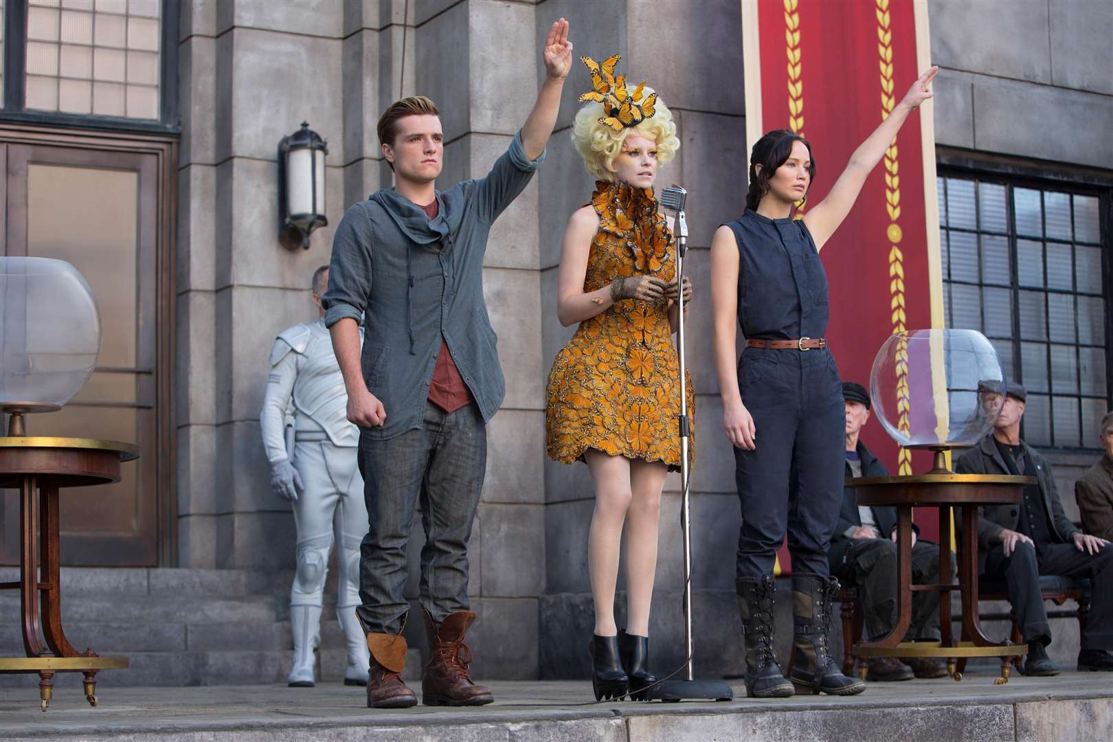 The Hunger Games: Catching Fire, Elizabeth Banks, Josh Hutcherson and Jennifer Lawrence. Picture: PA Photo/Lionsgate Publicity