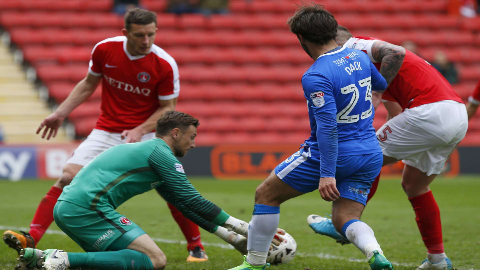 Bradley Dack asks questions of the Charlton defence Picture: Andy Jones