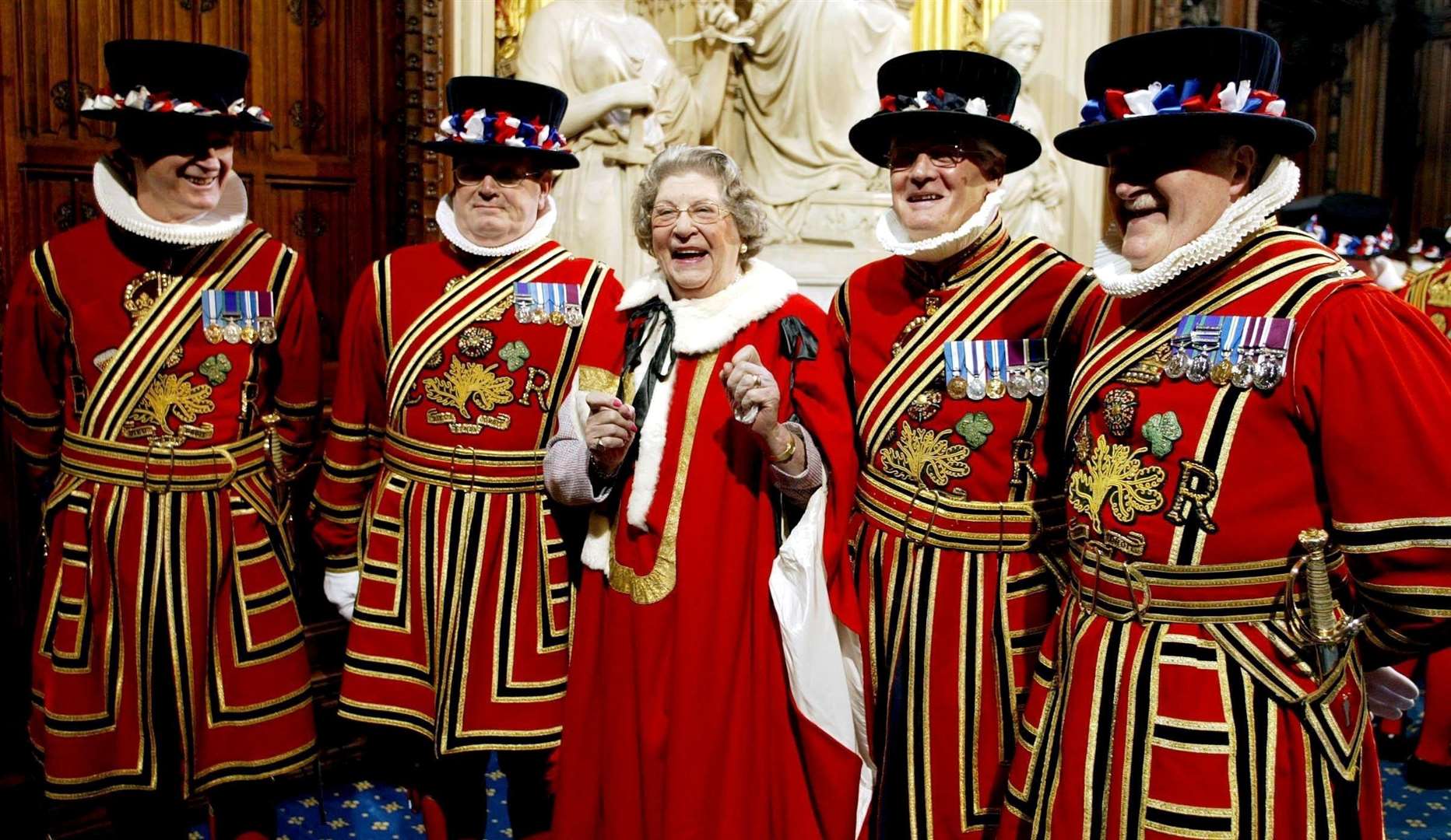Baroness Trumpington with the Yeomen of the Guard in the House of Lords in 2005. Picture: SWNS