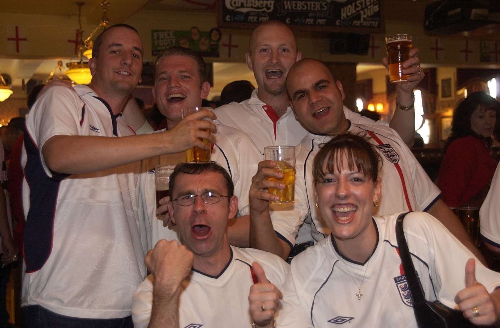 Fans watch England's clash against Brazil in the 2002 World Cup at the Old Ash Tree in Chatham. The pub is still going today. Picture: Andrew Wardley