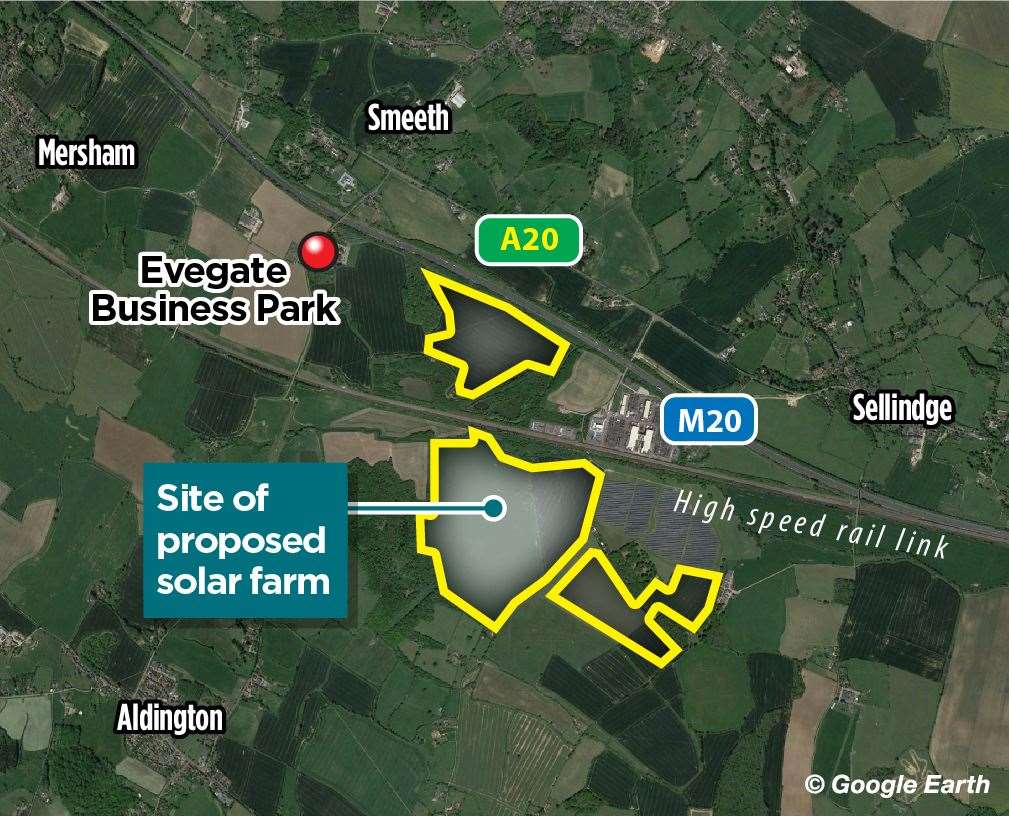 Part of the site is next to the M20 between Smeeth and Sellindge