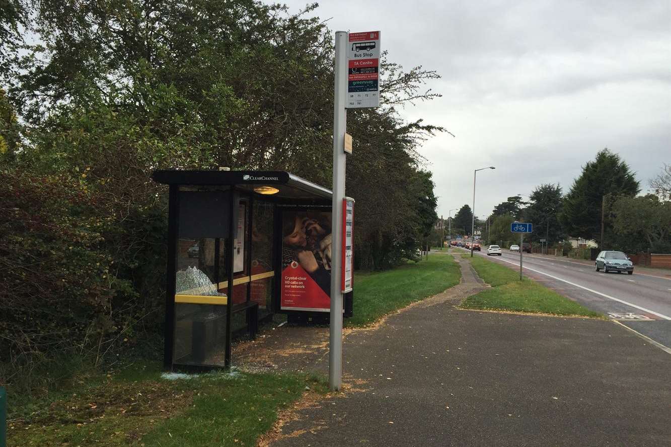 A shelter outside the TA Centre in London Road, Ditton, heading towards Larkfield, was shattered.