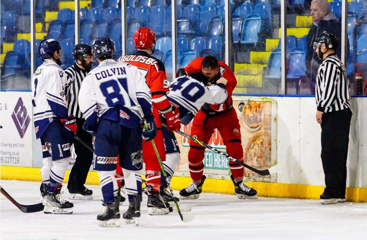 The gloves are off at Planet Ice during Invicta Dynamos' match with Streatham Picture: David Trevallion