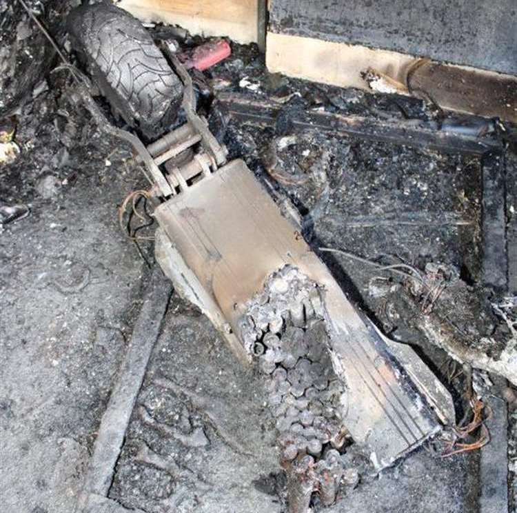 The remains of the e-scooter which caught fire in Sheerness. Picture: KFRS