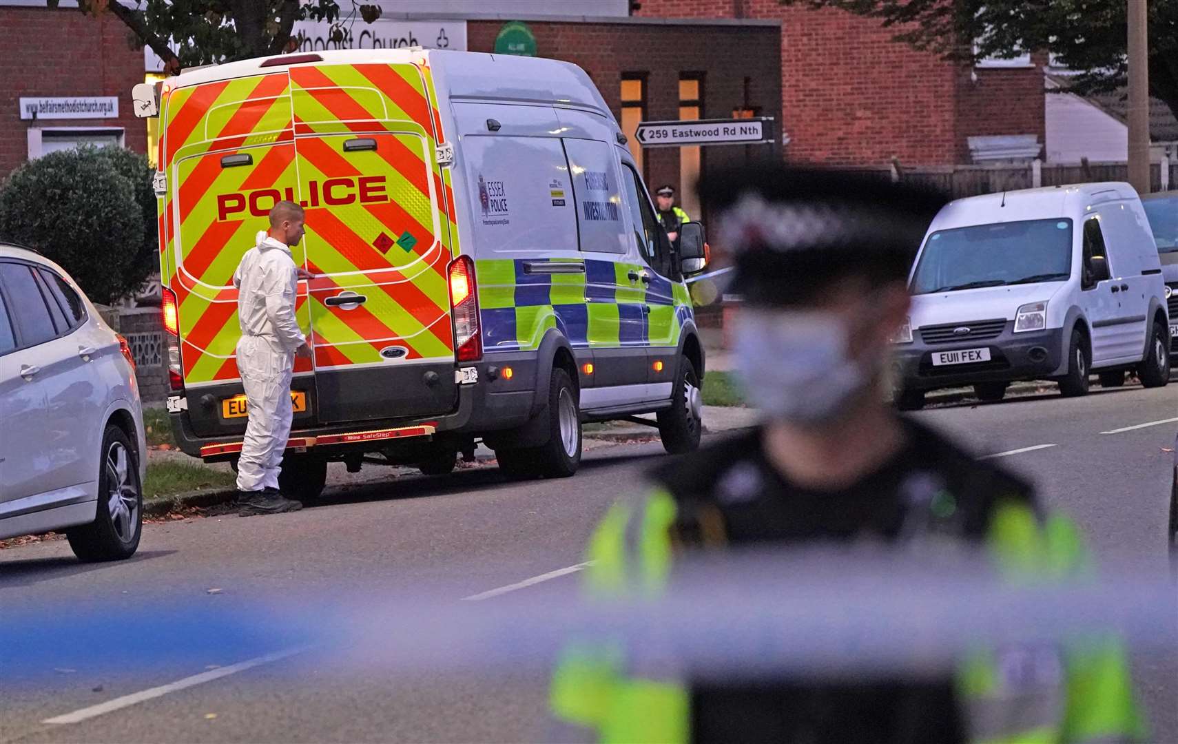 Forensic officers and police at Belfairs Methodist Church in Leigh-on-Sea (Dominic Lipinski/PA)