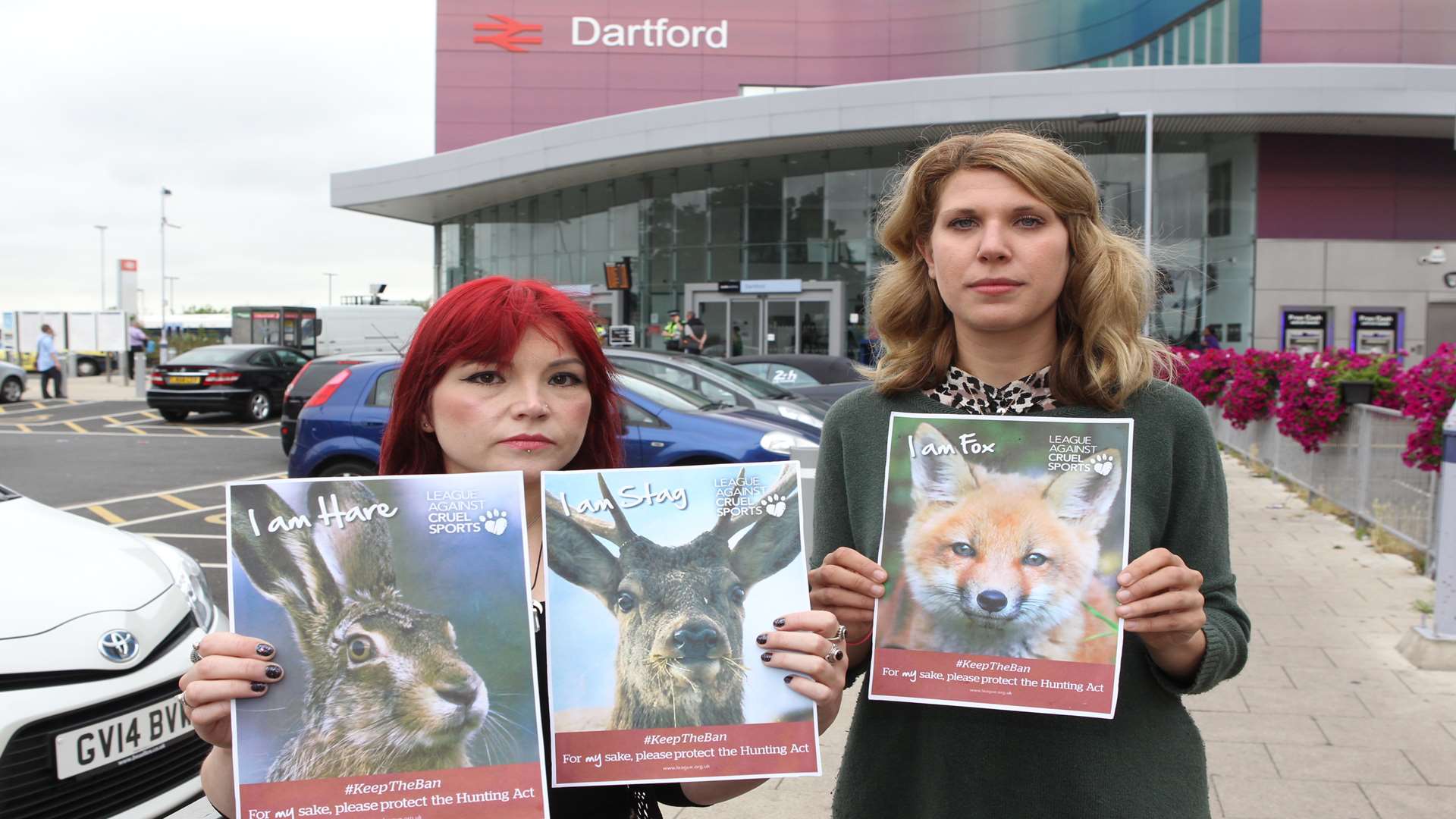 Ant-hunt campaigners Natalie Boorman and Sarah O'Rourke outside Dartford station