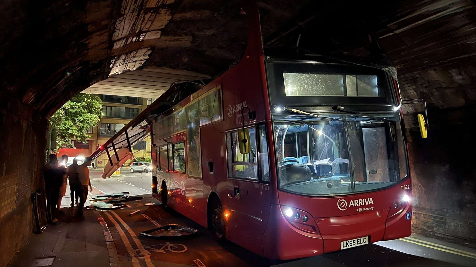 A double decker Arriva bus crashed into a railway bridge in Overy Street, Dartford, at around 9.40pm last night. Picture: @chrispiela/Twitter