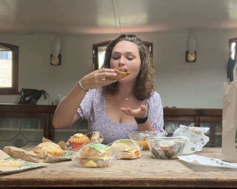Megan eating the bruschetta from The Italian Store, Sittingbourne