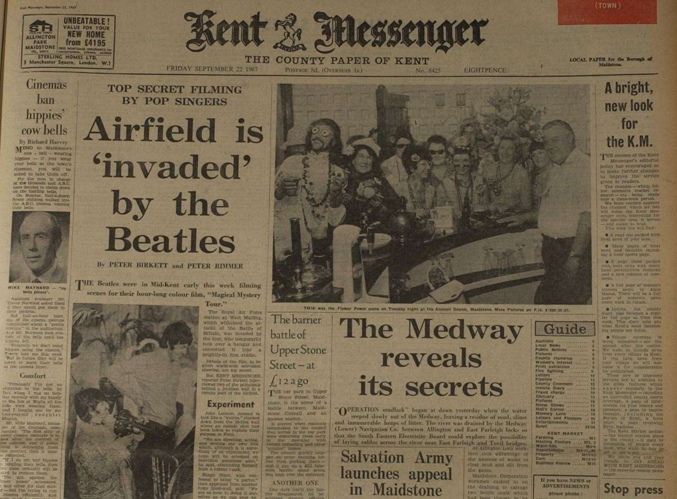 The Kent Messenger front page from September 22, 1967, when the Beatles went to West Malling airfield