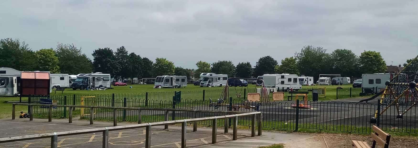 An unauthorised Traveller encampment has returned to Beechings Way Playing Fields in Twydall