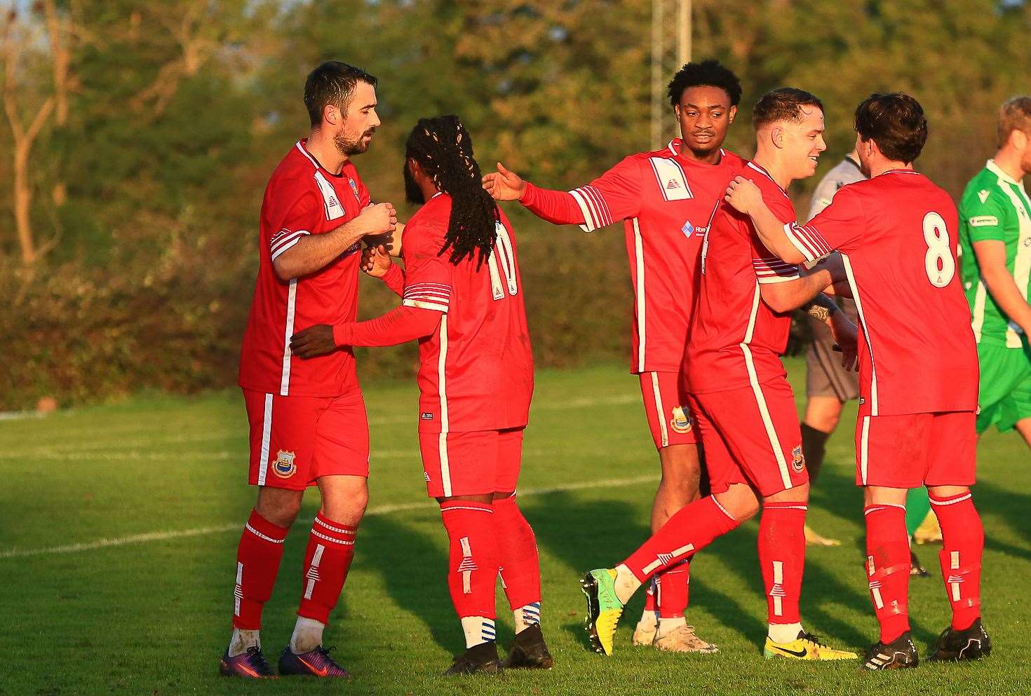 Whitstable celebrate Joe Nelder's goal in their 2-1 weekend loss at Rusthall. Picture: Les Biggs