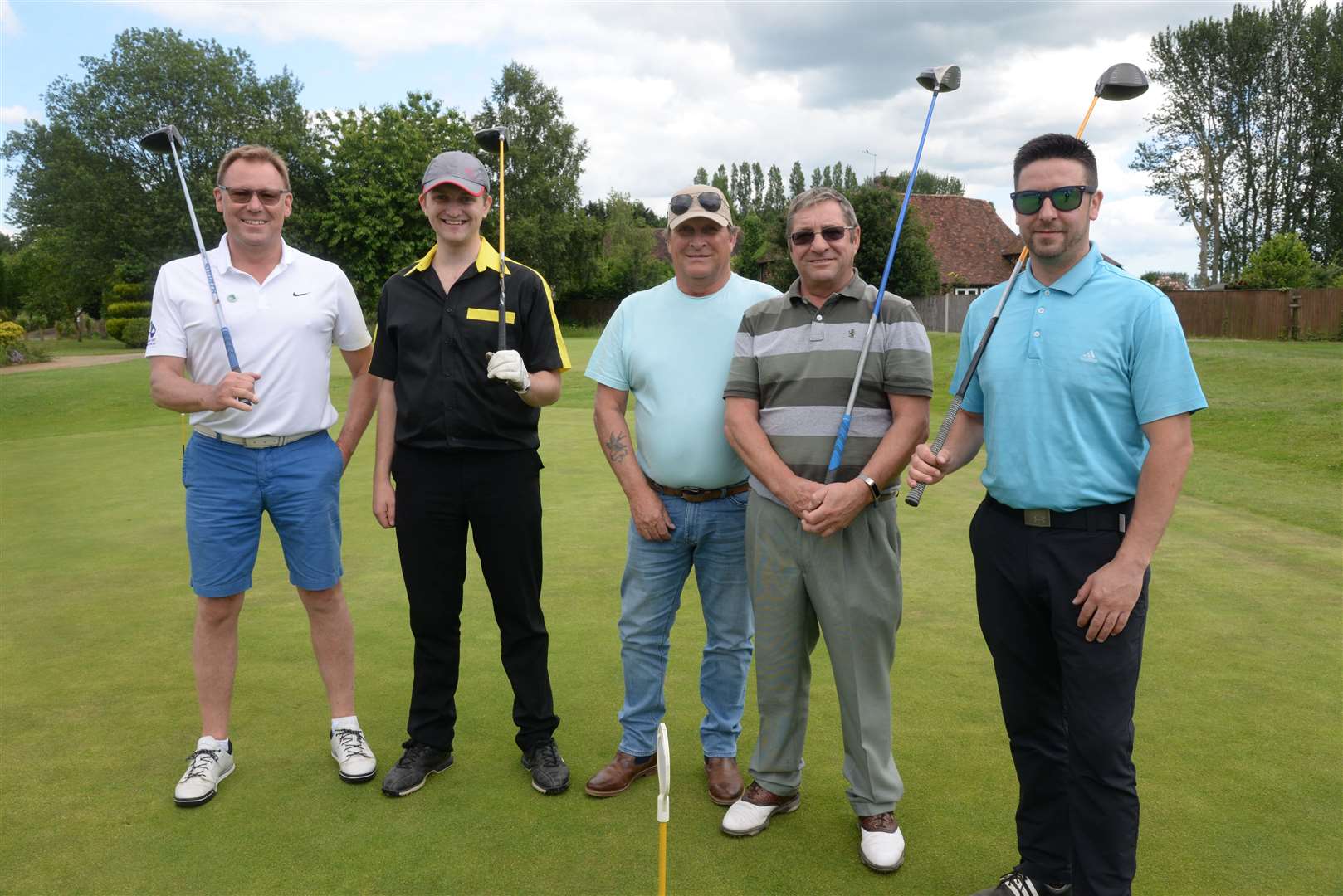 Mark Chippendale, Gareth, Anthony, Andrew and Christopher Shepphard during the charity golf match at The Ridge golf club