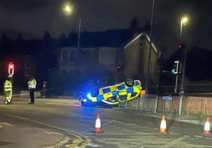 Overturned police car near the Prince of Orange pun in Old Road East, Gravesend. Picture: Facebook