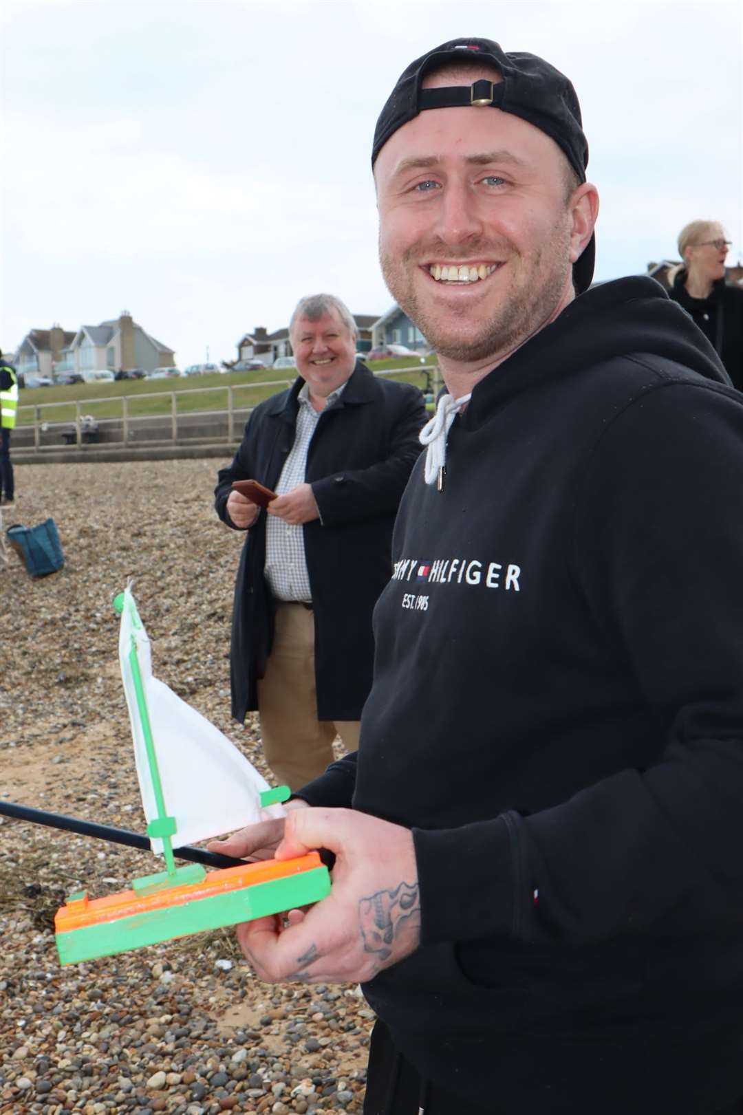 John South used a fishing rod to help propel his boat at Minster Leas for the launch of the Freemasons' Great East Kent Boat Race