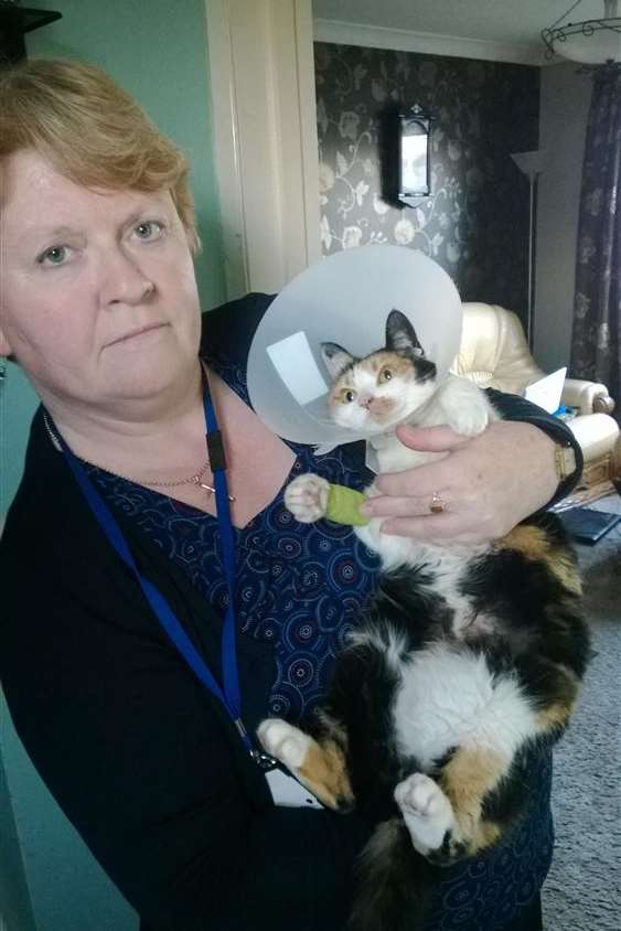Julie Palmer from Minster with her cat Mitzy which had been shot