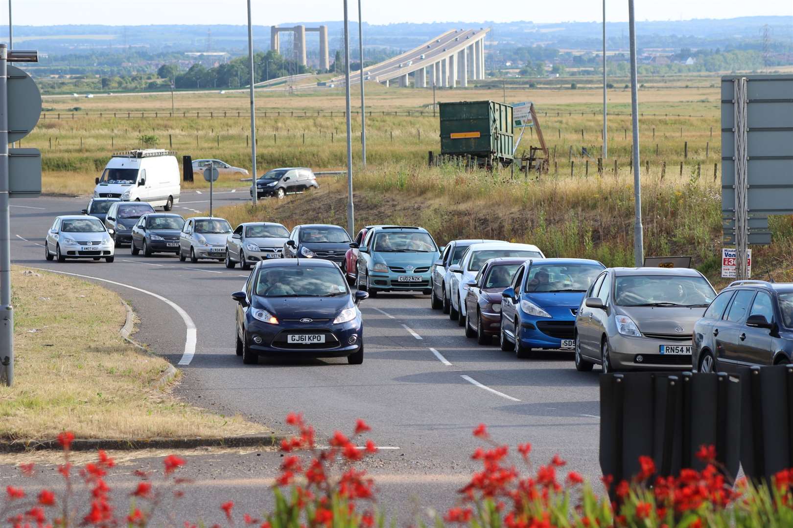 Traffic congestion at Cowstead Corner roundabout, A249, Sheppey