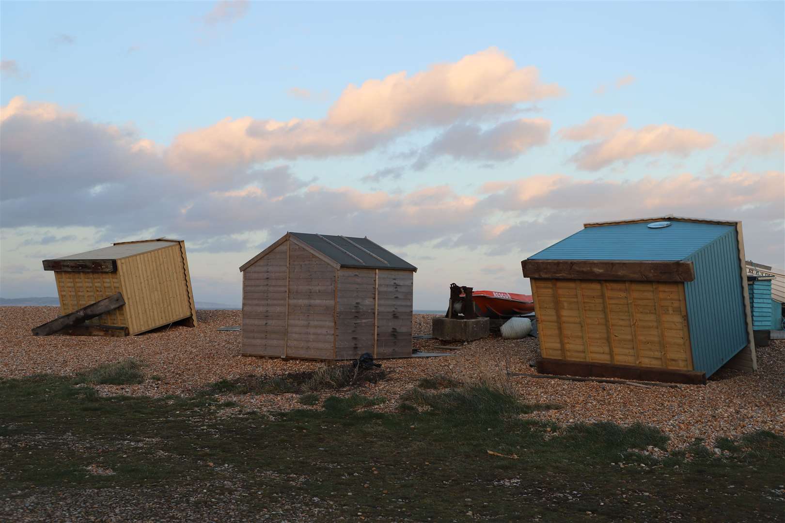 Beach huts on the Marsh toppled over in the wind. Picture: Susan Pilcher